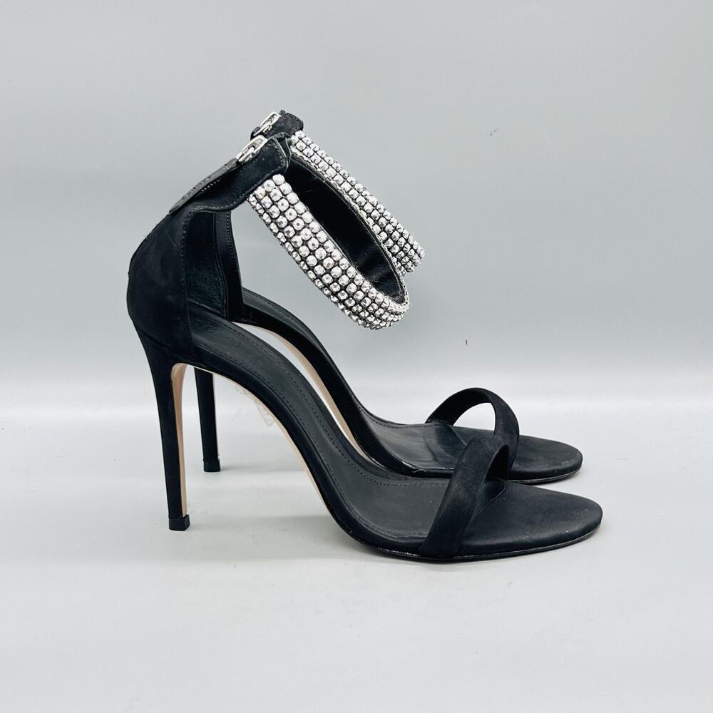 Schutz Sandals Womens 10 Black Suede Rhinestone Ankle Strap Zip Stiletto Shoes